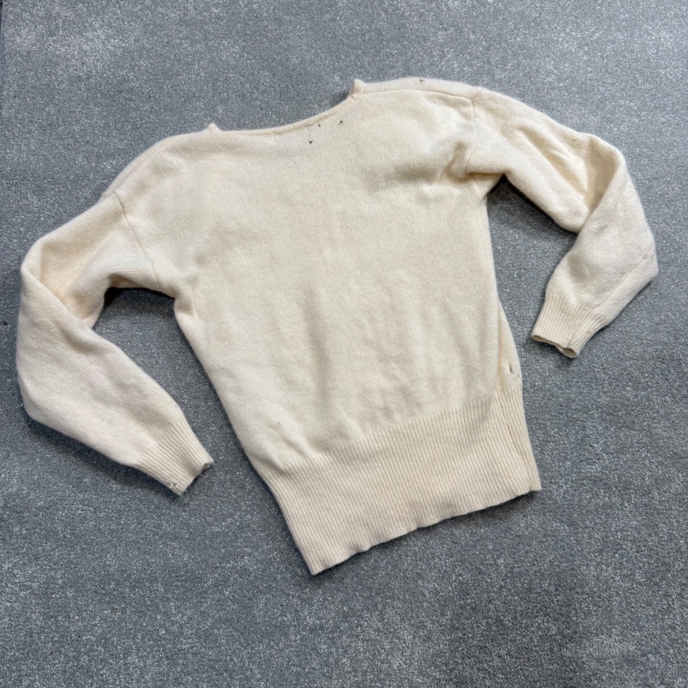 Vintage Angora Lambswool Satin Rosette Sweater Cream Distressed‎ Medium Holes - Picture 6 of 12